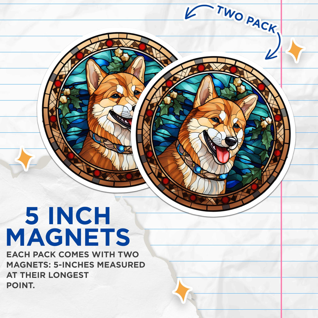 (2 Pack) Shiba Inu Magnets - Stained Glass Dog Art - Christmas Pet Decor - Holiday Fridge Accents - 5 Inches On Longest Side - Thick Durable Magnet - Made in USA - MAG27281