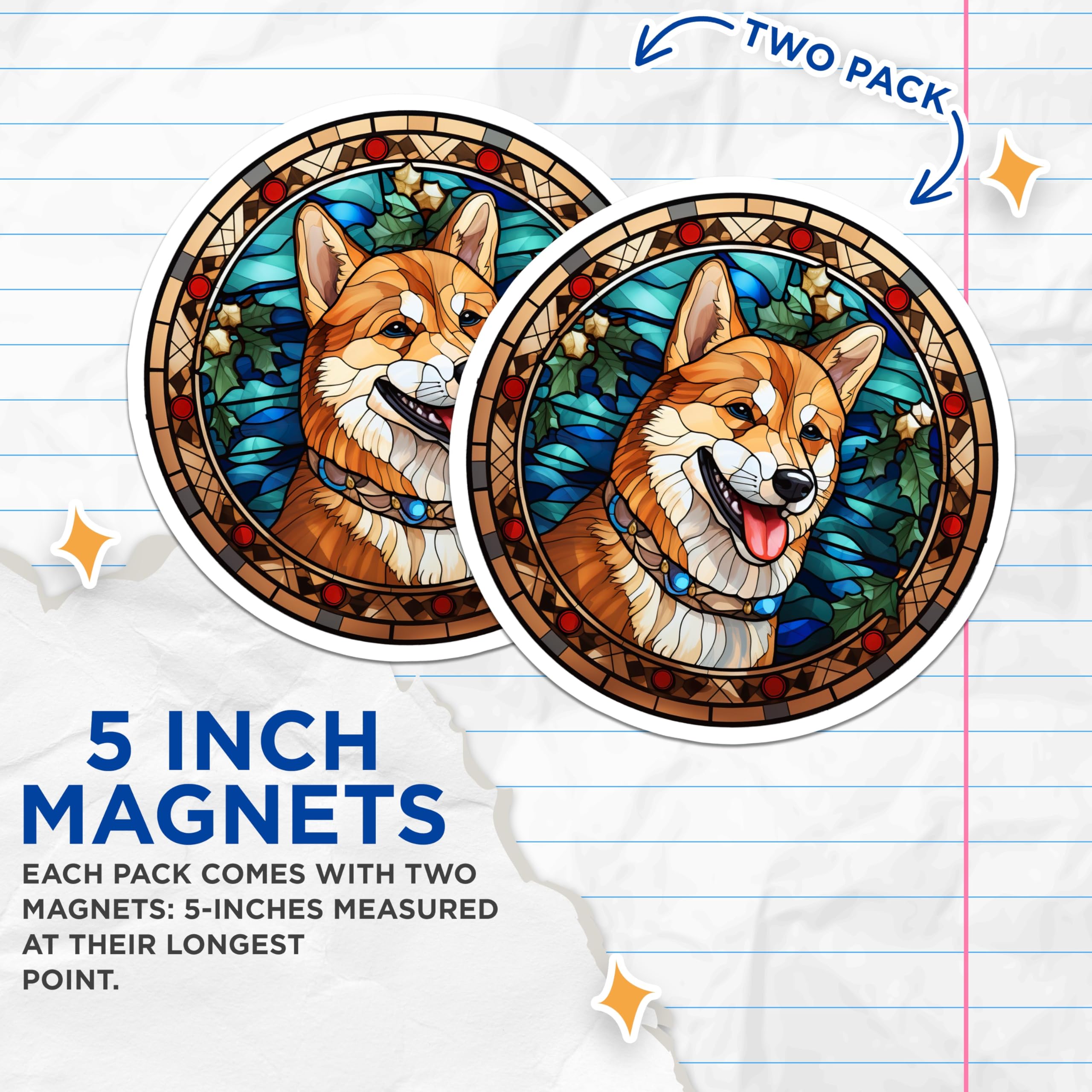 (2 Pack) Shiba Inu Magnets - Stained Glass Dog Art - Christmas Pet Decor - Holiday Fridge Accents - 5 Inches On Longest Side - Thick Durable Magnet - Made in USA - MAG27281