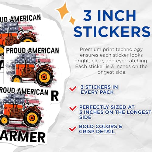 (3 Pack) Proud American Farmer Decals - Tractor Laptop Decal - Patriotic Agriculture Decals - 3 Inches On Longest Side - Easy Peel & Apply - Made in USA - 3MCS4458