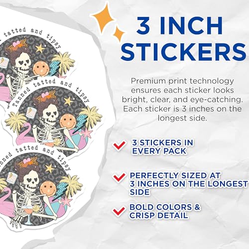 (3 Pack) Tanned Tatted Tipsy Decals - Summer Vibes - Skeleton Beach Decals- 3 Inches On Longest Side - Easy Peel & Apply - Made in USA - 3MCS5983