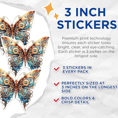 (3 Pack) Steampunk Butterfly Decals - Gear Art Stickers - Laptop Decal Set - 3 Inches On Longest Side - Easy Peel & Apply - Made in USA - 3MCS1199