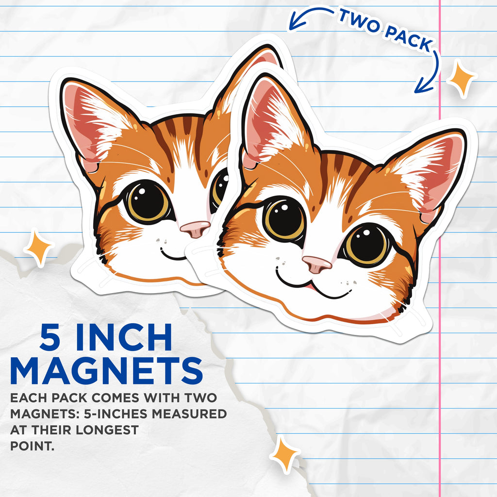 (2 Pack) Cute Orange Tabby Cat Head Magnets - Kawaii Kitty Decor - Animal Lover Refrigerator Accessory for Home - 5 Inches On Longest Side - Thick Durable Magnet - Made in USA - MAG36469