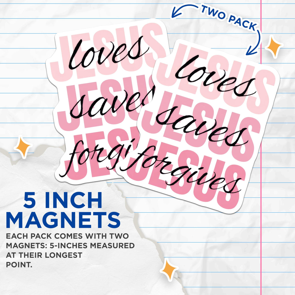 (2 Pack) Jesus Loves Saves Forgives Magnets - Christian Faith Magnet - Religious Kitchen Decor - Inspiring Message - 5 Inches On Longest Side - Thick Durable Magnet - Made in USA - MAG25748
