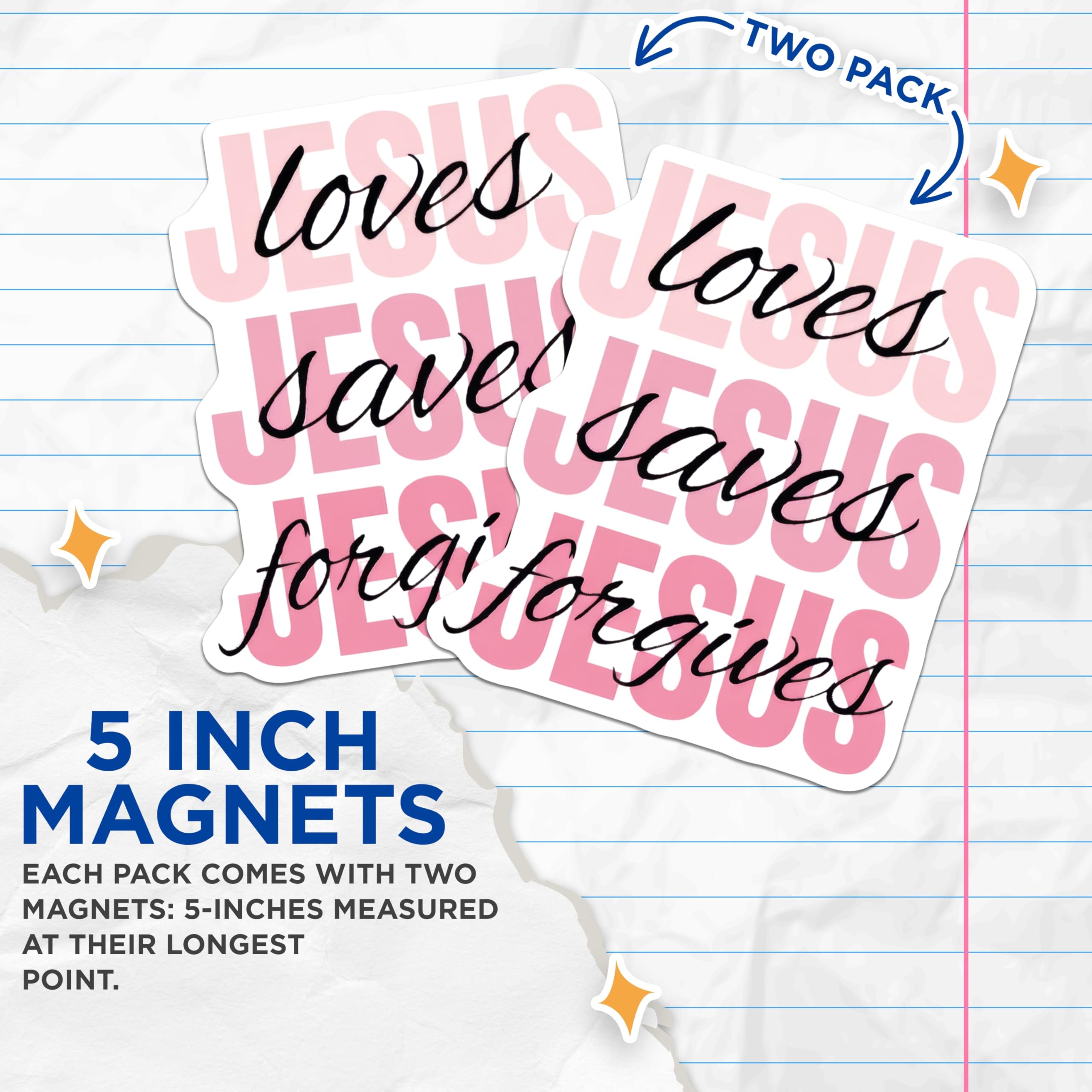 (2 Pack) Jesus Loves Saves Forgives Magnets - Christian Faith Magnet - Religious Kitchen Decor - Inspiring Message - 5 Inches On Longest Side - Thick Durable Magnet - Made in USA - MAG25748