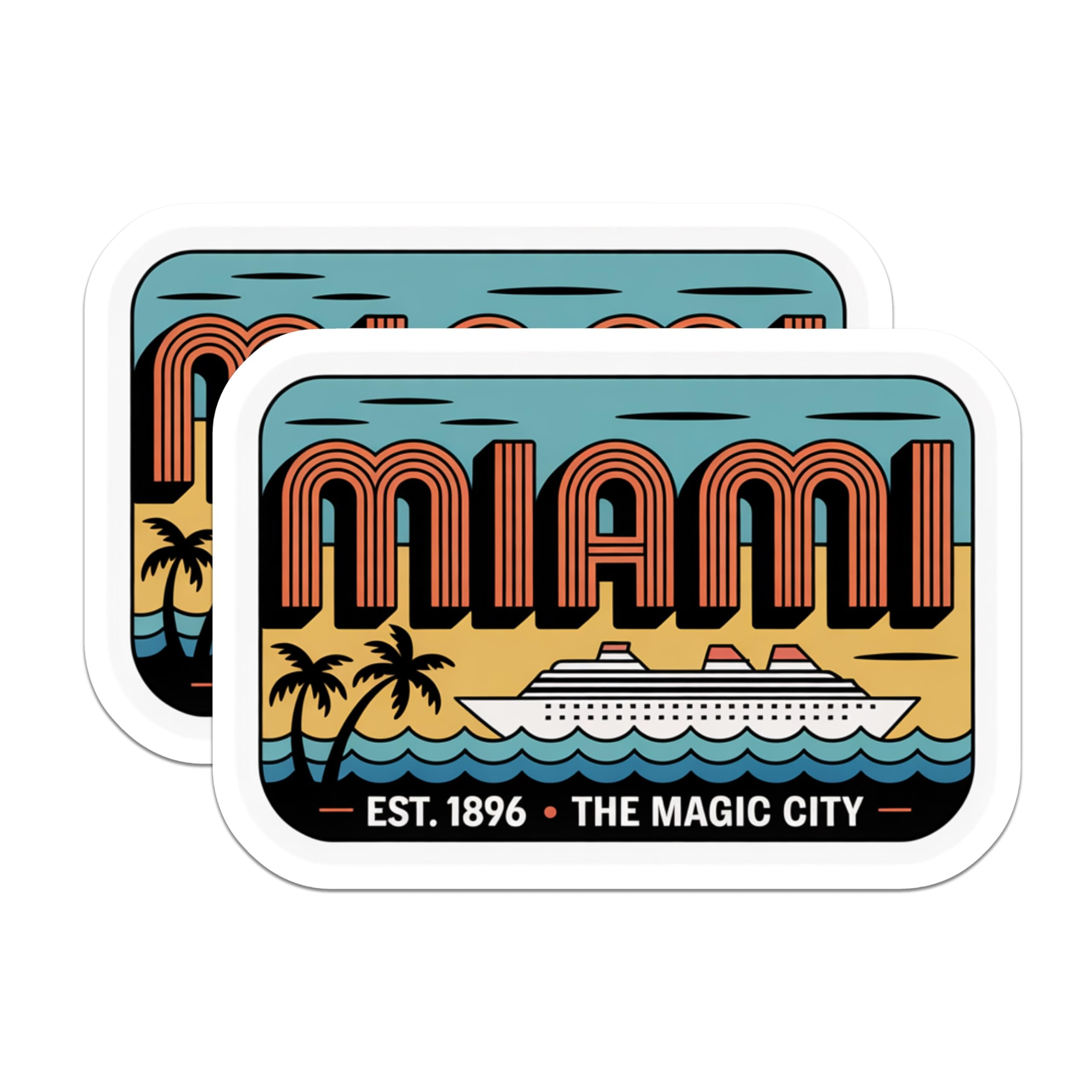 (2 Pack) Miami Magnets - Florida Travel Souvenirs - The Magic City Cruise Ship Retro Art Beach Vacation Decor - 5 Inches On Longest Side - Thick Durable Magnet - Made in USA - MAG19298