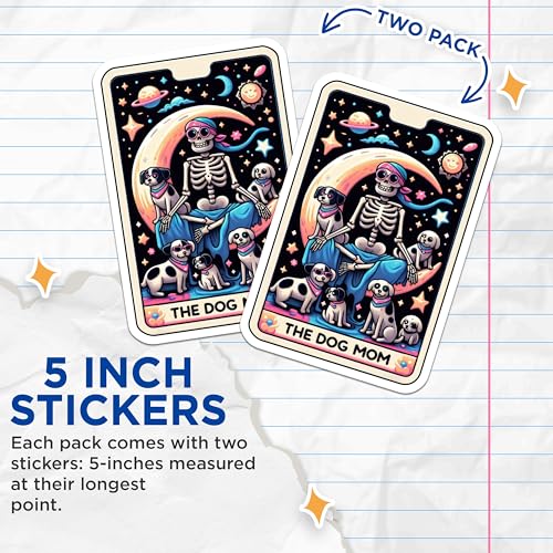 (2 Pack) The Dog Mom Skeleton Stickers - Cute Skeleton with Dogs Stickers - Fun Dog Lover Stickers for Phone Laptop - 5" On Longest Side - Sticks to Smooth Flat Surfaces - Made in USA - BMCS5577