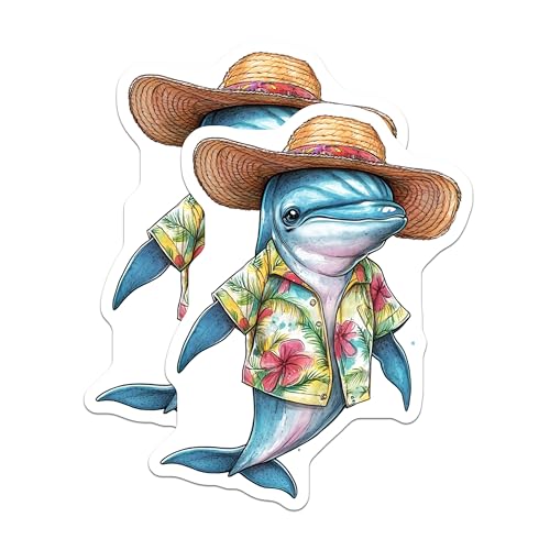 (2 Pack) Dolphin Stickers - Hawaiian Shirt Decal - Cute Animal Sticker - 5" On Longest Side - Sticks to Smooth Flat Surfaces - Made in USA - BMCS9522