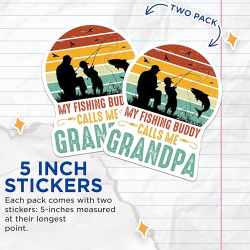 (2 Pack) My Fishing Buddy Calls Me Grandpa - Silhouette Fishing Stickers - Retro Fishing Adventure Stickers - 5" On Longest Side - Sticks to Smooth Flat Surfaces - Made in USA - BMCS4146