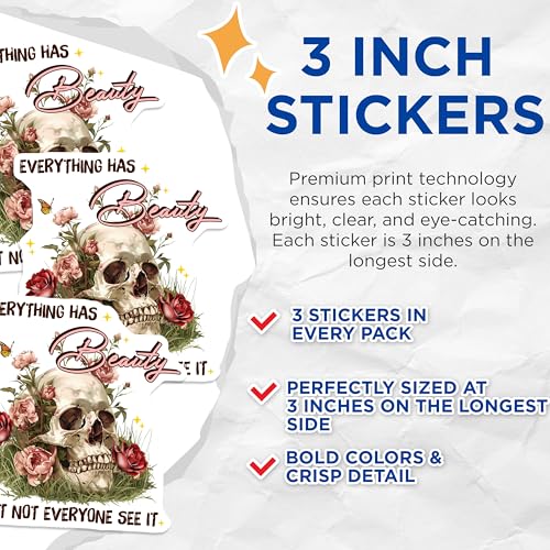 (3 Pack) Skull and Roses Decals - Floral Skeleton - Beauty Quote - Laptop Decals - 3 Inches On Longest Side - Easy Peel & Apply - Made in USA - 3MCS7800