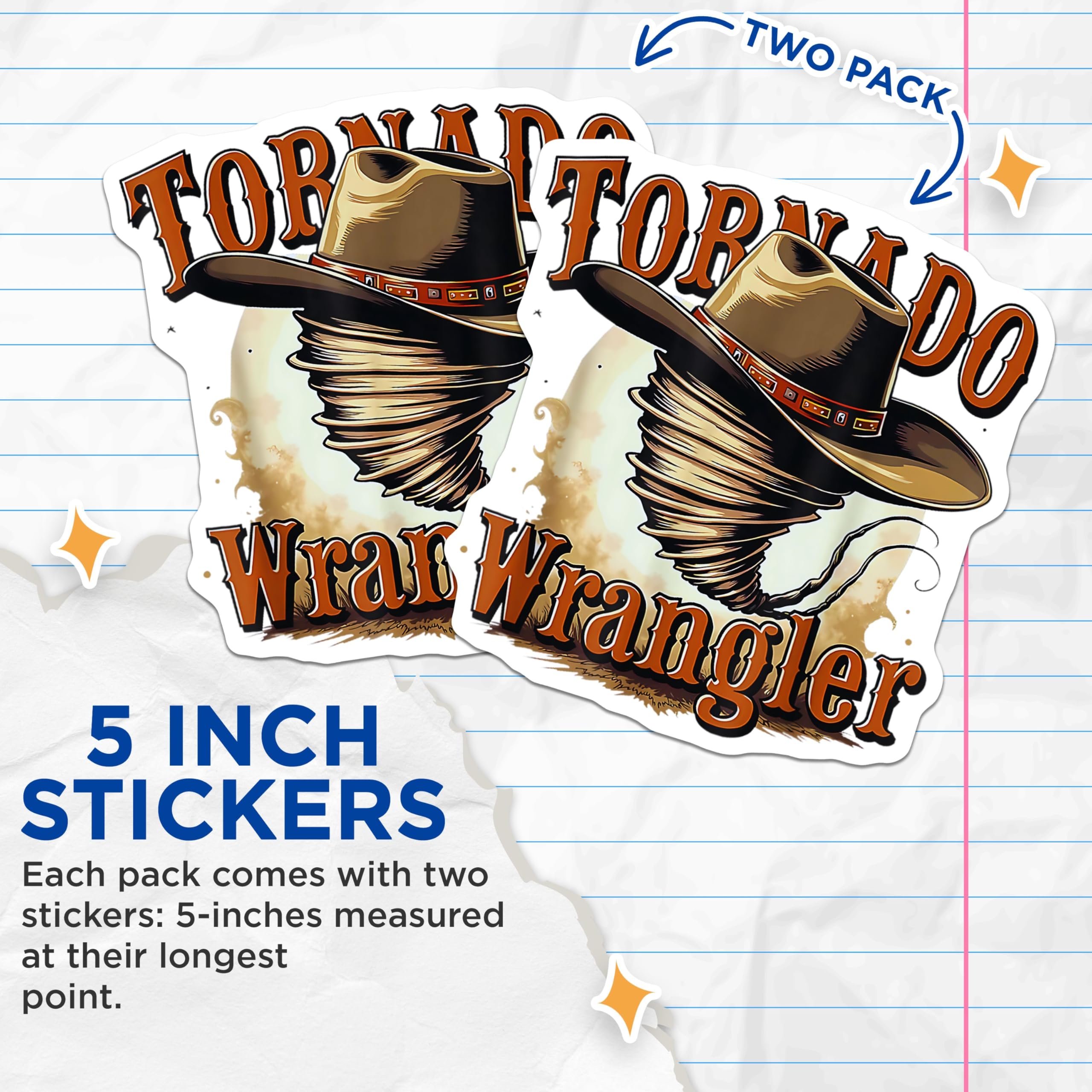 (2 Pack) Tornado Wrangler Stickers - Cowboy Hat Stickers - Twister Decals - 5" On Longest Side - Sticks to Any Smooth Flat Surface - Made in USA - BMCS3597