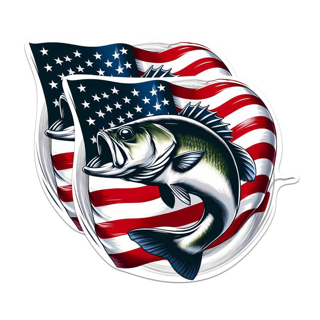 (2 Pack) USA Flag Bass Magnets - American Patriotic Fisherman - Fishing Enthusiast - 5 Inches On Longest Side - Premium Magnet - for Cars, Refrigerators, Toolboxes - Made in USA - MAG2213
