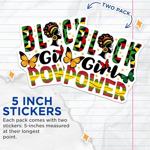 (2 Pack) Black Girl Power Stickers - Empowerment - African American Pride - Inspirational - 5" On Longest Side - Sticks to Smooth Flat Surfaces - Made in USA - BMCS7361