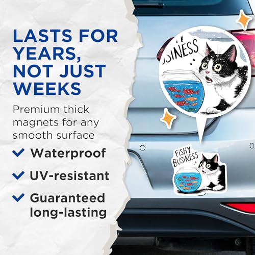 (2 Pack) Cat and Fish Bowl Magnets Magnets - Funny Animal Art - Fishy Business Jokes - 5" On Longest Side - Made in USA - Sticks to Refrigerators & Metal Surfaces - MAG8770