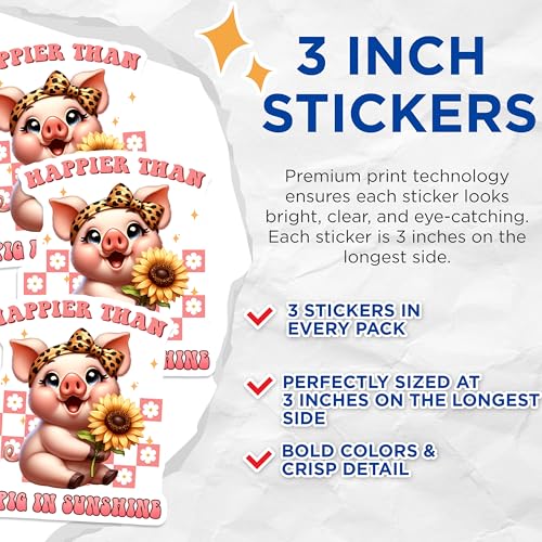 (3 Pack) Pig with Sunflower Decals - Cute Animal Art - Laptop Decal - 3 Inches On Longest Side - Easy Peel & Apply - Made in USA - 3MCS6692