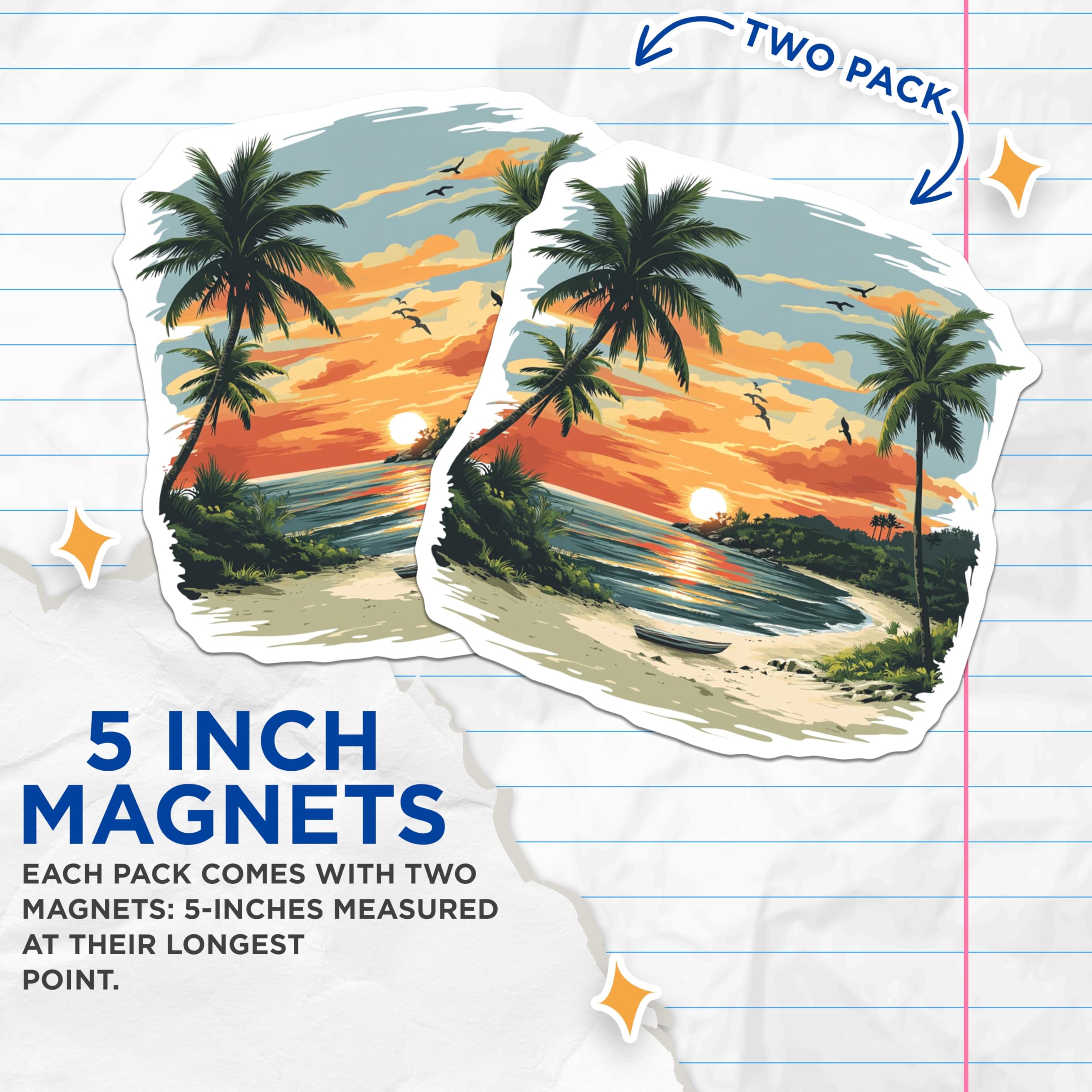 (2 Pack) Tropical Sunset Beach Magnets - Coastal Ocean Decor - Vacation Vibe Fridge Accessory - 5 Inches On Longest Side - Thick Durable Magnet - Made in USA - MAG26639