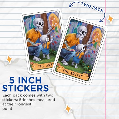 (2 Pack) Skull Art Stickers - Halloween Skeleton Stickers - Cartoon Skeleton Drawing Stickers - 5" On Longest Side - Sticks to Smooth Flat Surfaces - Made in USA - BMCS4442