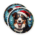 (2 Pack) Christmas Dog Magnets - Stained Glass Aussie Shepherd Santa Hat Decor - Holiday Pet Lover Fridge Accessories - 5 Inches On Longest Side - Thick Durable Magnet - Made in USA - MAG29586