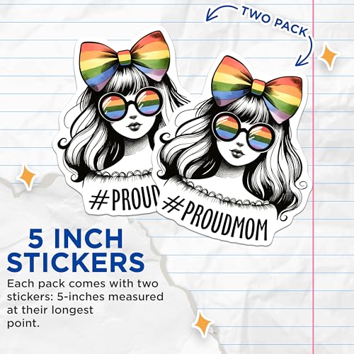 (2 Pack) Proud Mom Stickers - Rainbow Bow Mom - LGBTQ Support - 5" On Longest Side - Sticks to Smooth Flat Surfaces - Made in USA - BMCS8286