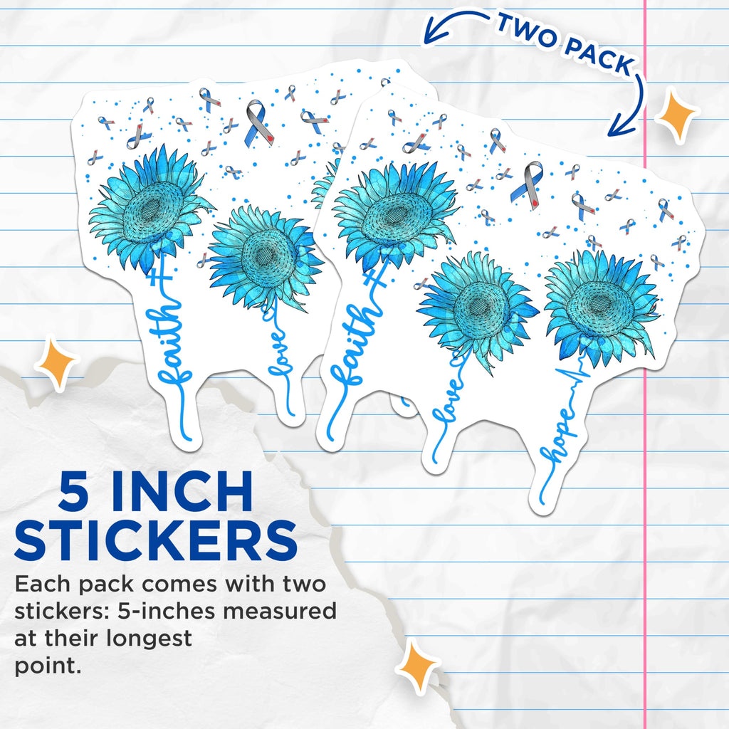 (2 Pack) Type 1 Diabetes Awareness Stickers - Faith Love Hope - Blue Sunflower Ribbon Stickers- 5" On Longest Side - Sticks to Smooth Flat Surfaces - Made in USA - BMCS16814