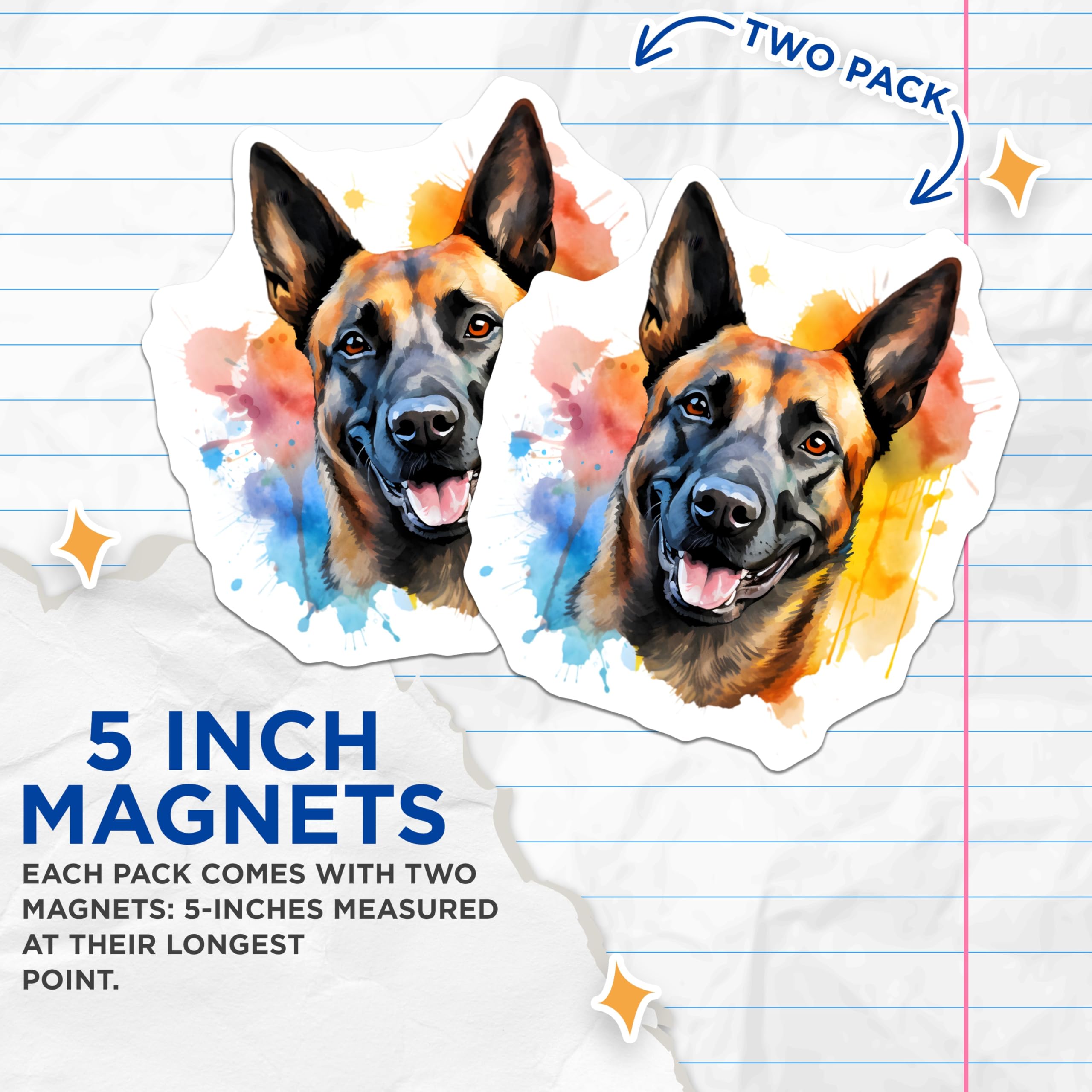 (2 Pack) Belgian Malinois Dog Magnets - Watercolor Pet Art - Dog Lover Fridge Decor - 5 Inches On Longest Side - Thick Durable Magnet - Made in USA - MAG27648