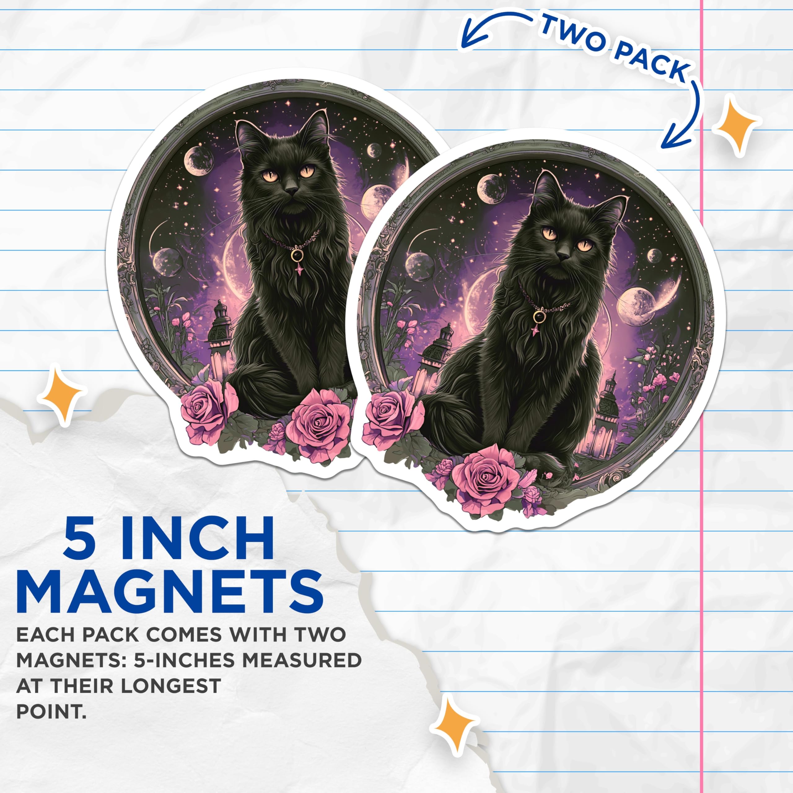 (2 Pack) Black Cat Magnets - Celestial Feline - Cosmic Kitty Decor - 5" On Longest Side - Premium Magnet - for Cars, Refrigerators, Toolboxes, Lockers - Made in USA - MAG16882