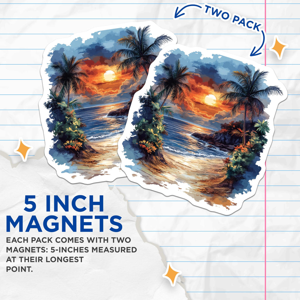(2 Pack) Tropical Sunset Beach Magnets - Coastal Home Decor - Ocean Lover Vacation Art - Fridge Display - 5 Inches On Longest Side - Thick Durable Magnet - Made in USA - MAG25873