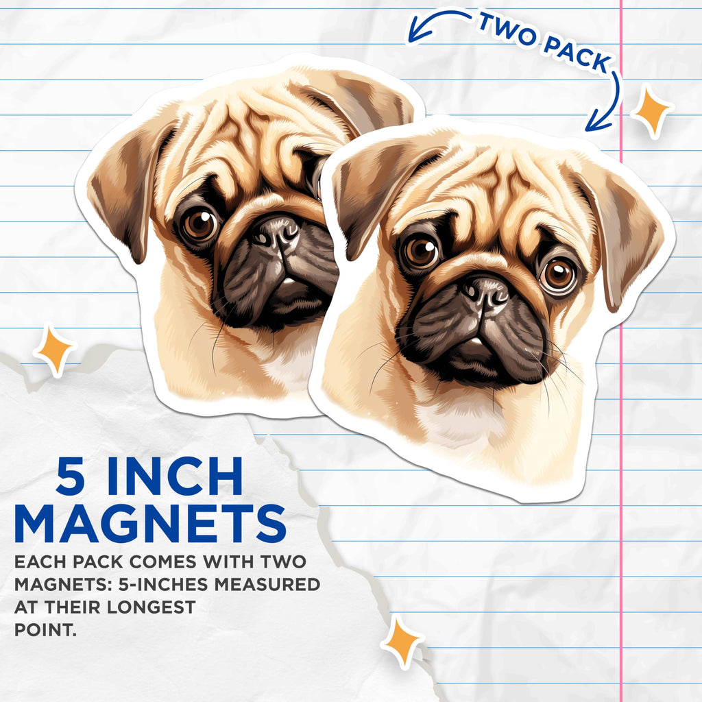 (2 Pack) Adorable Pug Dog Magnets - Fawn Pug Puppy Art - Dog Lover Home Decor for Pug Owners - 5 Inches On Longest Side - Thick Durable Magnet - Made in USA - MAG28220