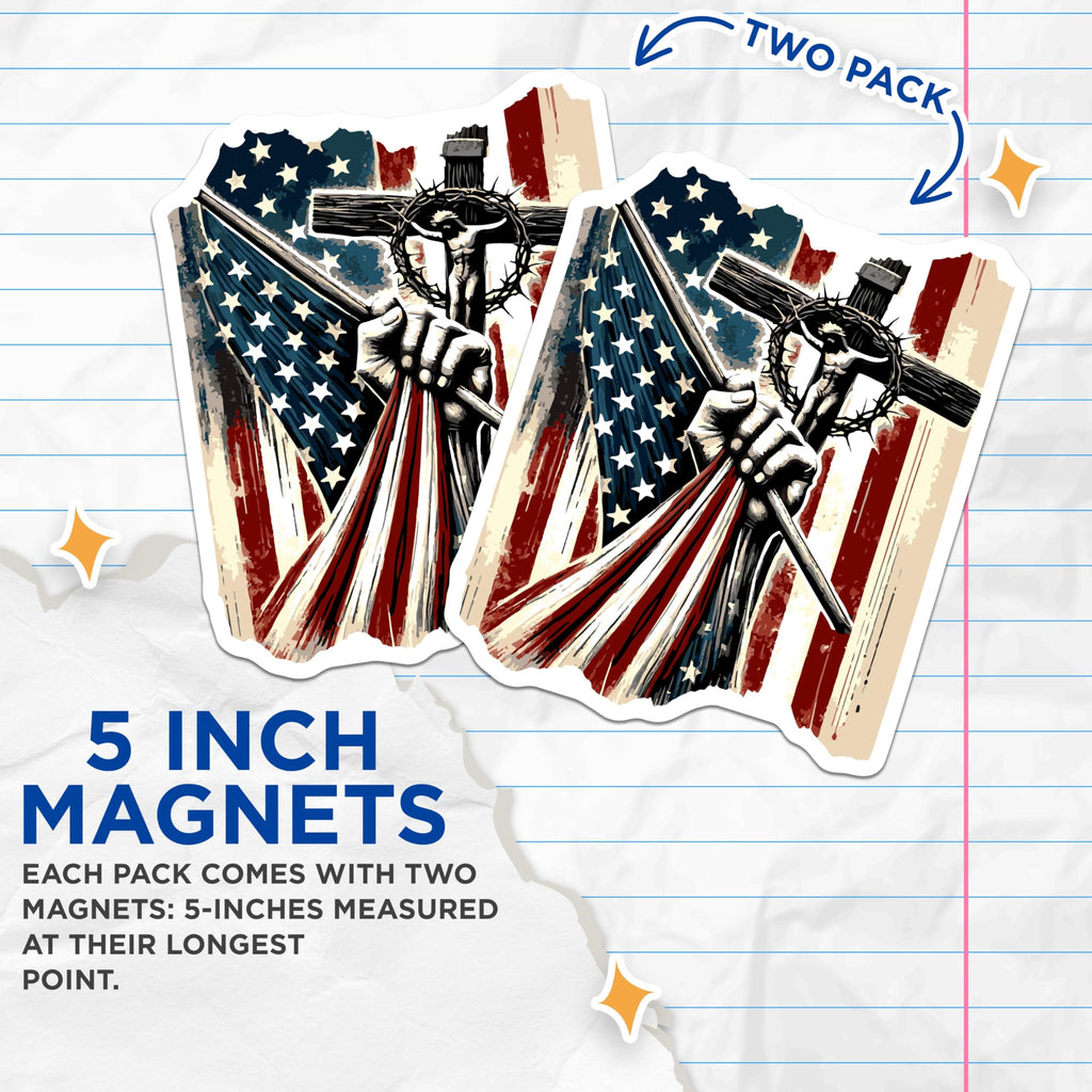 (2 Pack) American Flag Christian Cross Magnets - Patriotic Faith Display Decor - Religious Freedom Devotion Art - 5 Inches On Longest Side - Thick Durable Magnet - Made in USA - MAG22212