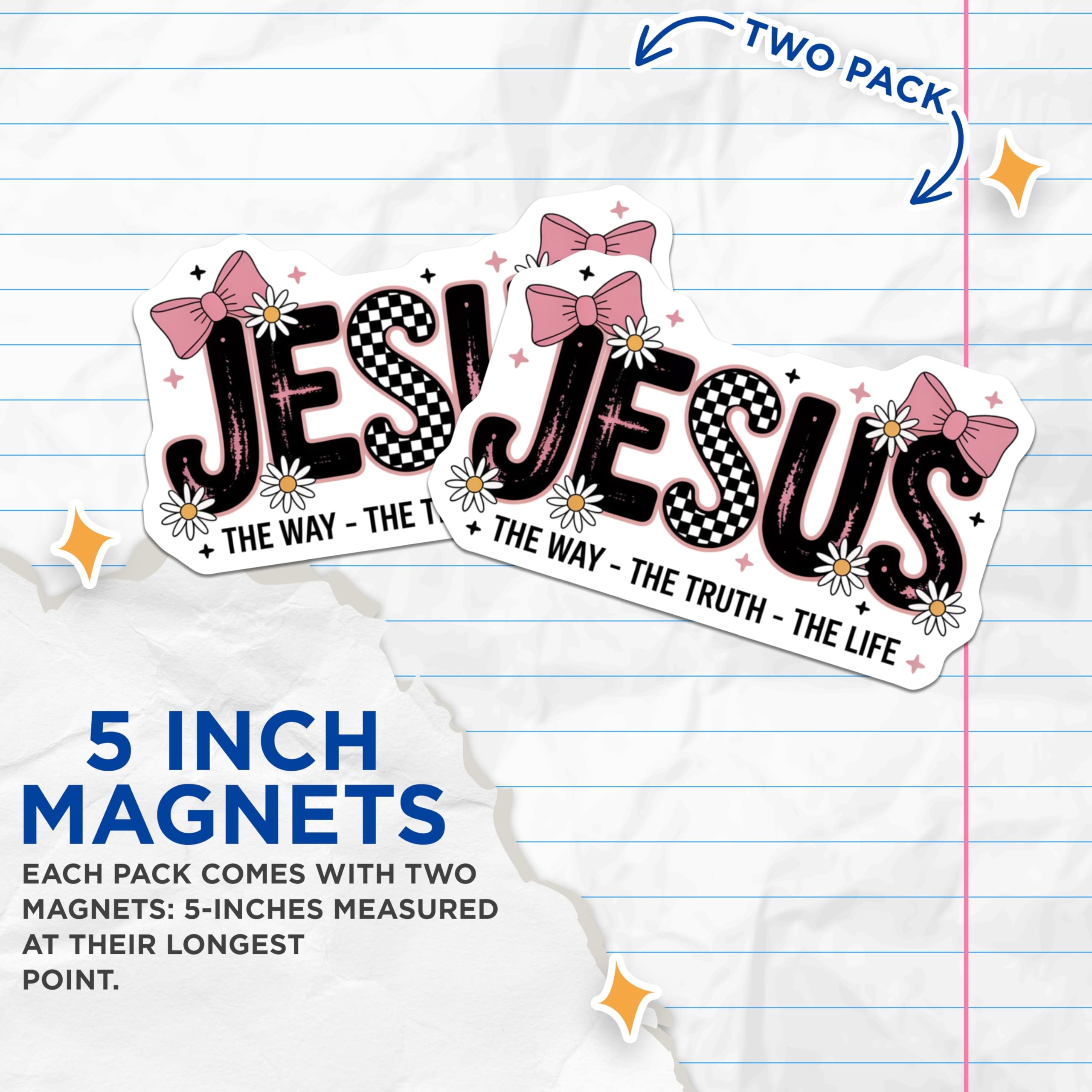 (2 Pack) Jesus Magnets - Christian Faith Decor - Inspirational Bible Verse - Trendy Daisy Bow Magnets - 5 Inches On Longest Side - Thick Durable Magnet - Made in USA - MAG30464
