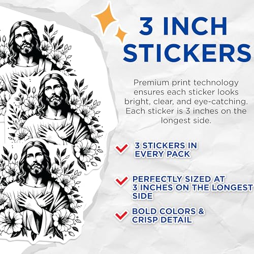(3 Pack) Jesus Decals - Christian Stickers - Religious Art Decals - 3 Inches On Longest Side - Easy Peel & Apply - Made in USA - 3MCS6089