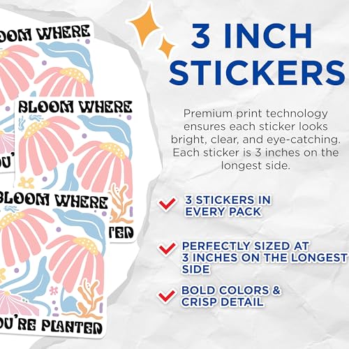 (3 Pack) Bloom Where Youre Planted Decals - Floral Laptop Stickers - Positive Vibes Decals - 3 Inches On Longest Side - Easy Peel & Apply - Made in USA - 3MCS2610