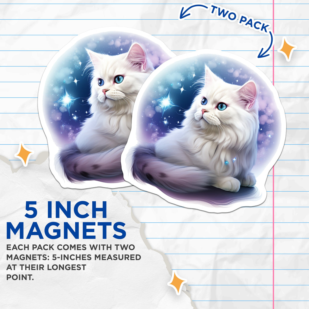 (2 Pack) Magical White Cat Magnets - Blue Eyed Fluffy Kitten - Celestial Starry Animal Decor - Fantasy Art - 5 Inches On Longest Side - Thick Durable Magnet - Made in USA - MAG38860