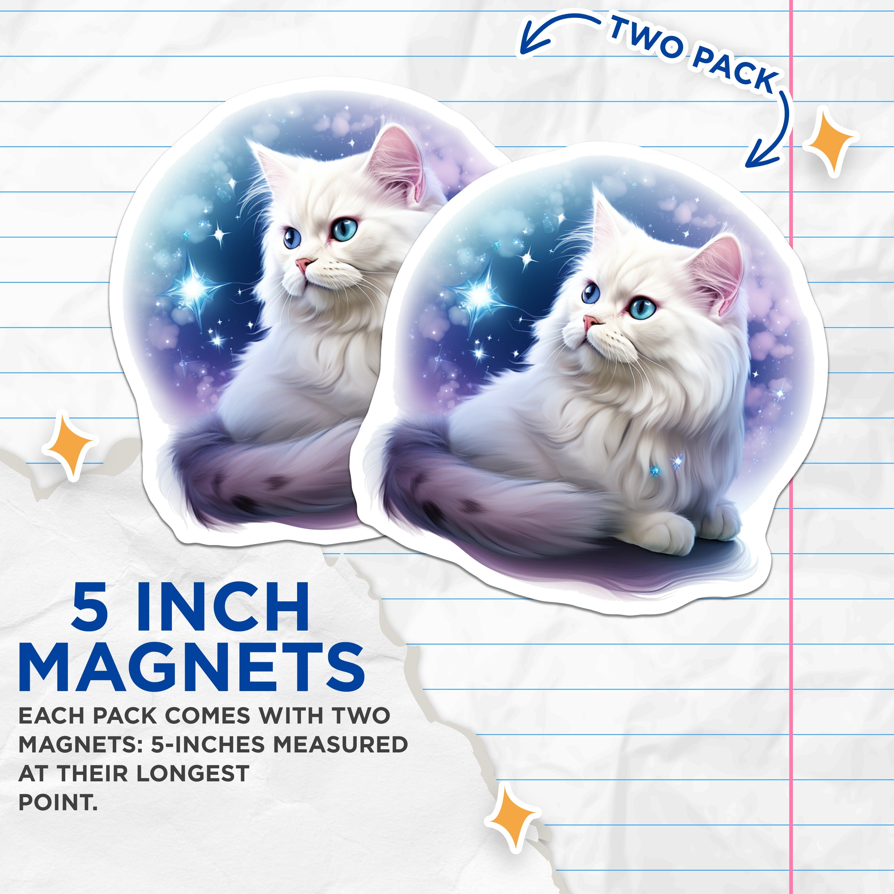 (2 Pack) Magical White Cat Magnets - Blue Eyed Fluffy Kitten - Celestial Starry Animal Decor - Fantasy Art - 5 Inches On Longest Side - Thick Durable Magnet - Made in USA - MAG38860