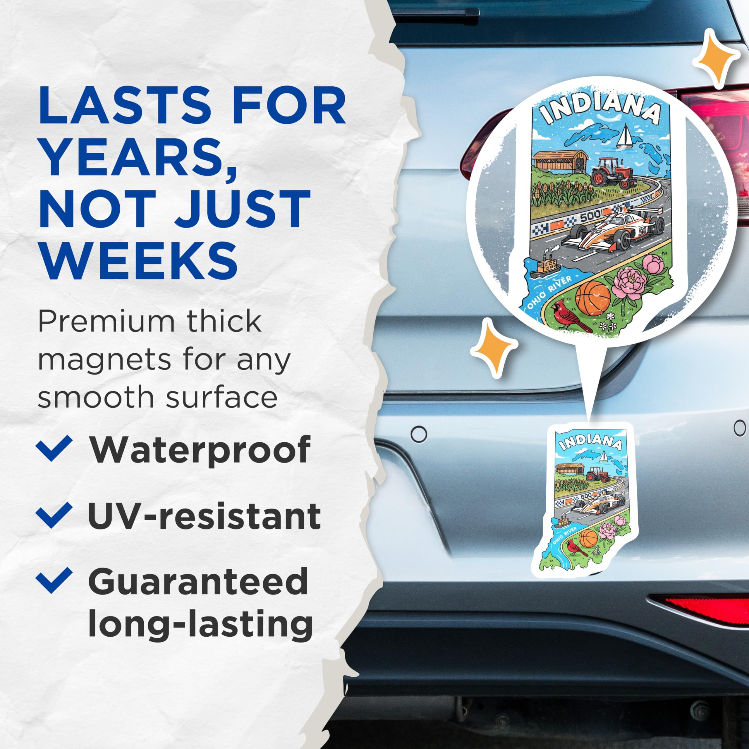 (2 Pack) Indiana State Magnets - Hoosier Pride - Indiana Landmarks and Icons - 5" On Longest Side - Premium Magnet - for Cars, Refrigerators, Toolboxes, Lockers - Made in USA - MAG15081