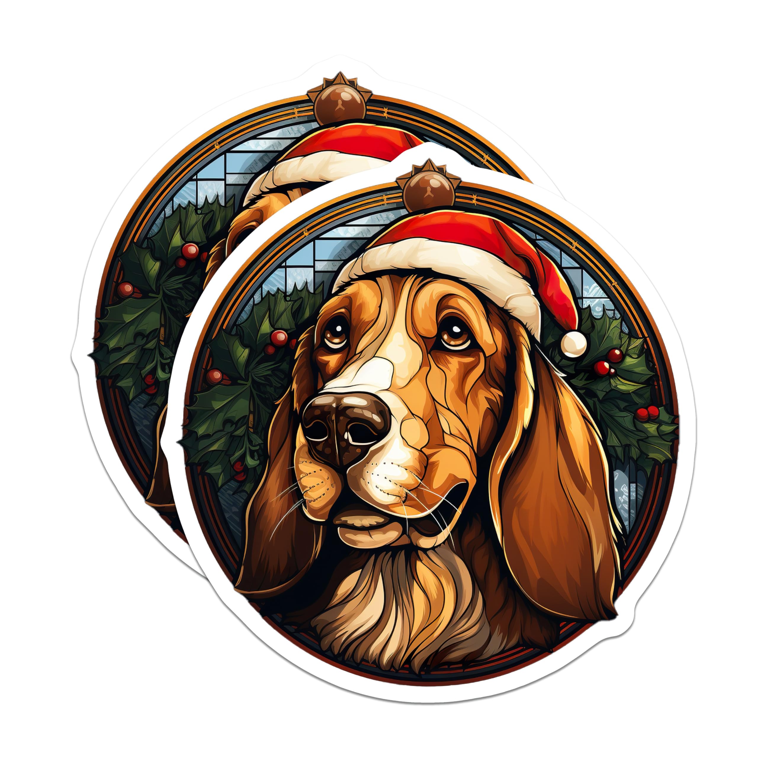(2 Pack) Basset Hound Christmas Magnets - Stained Glass Style - Holiday Dog Decor Pet Lovers - 5 Inches On Longest Side - Thick Durable Magnet - Made in USA - MAG27909