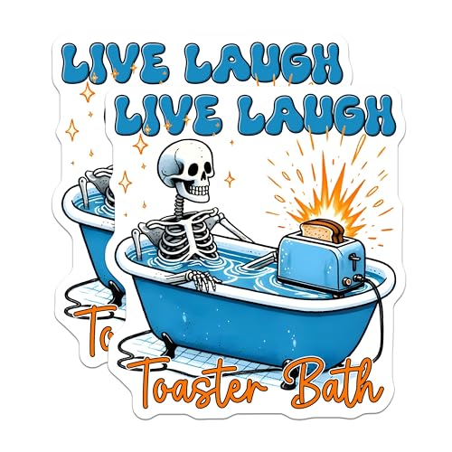 (2 Pack) Live Laugh Toaster Bath Stickers - Skeleton Bathtub Sticker - Funny Dark Humor Sticker - 5" On Longest Side - Sticks to Smooth Flat Surfaces - Made in USA - BMCS9777
