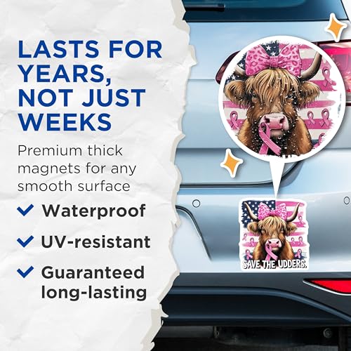 (2 Pack) Save The Udders Magnets - Cow with Bow - Ribbon Awareness Magnets - 5" On Longest Side - for Cars, Fridges, Toolboxes - Made in USA - MAG3981