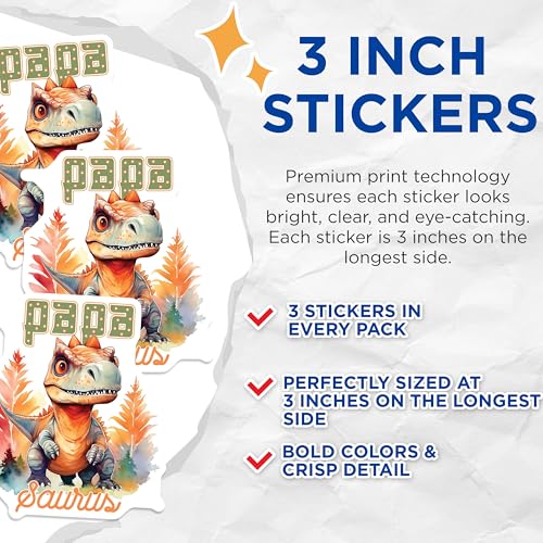 (3 Pack) Papa Saurus Decals - Dinosaur Dad - Funny Dad Decal - 3 Inches On Longest Side - Easy Peel & Apply - Made in USA - 3MCS2978