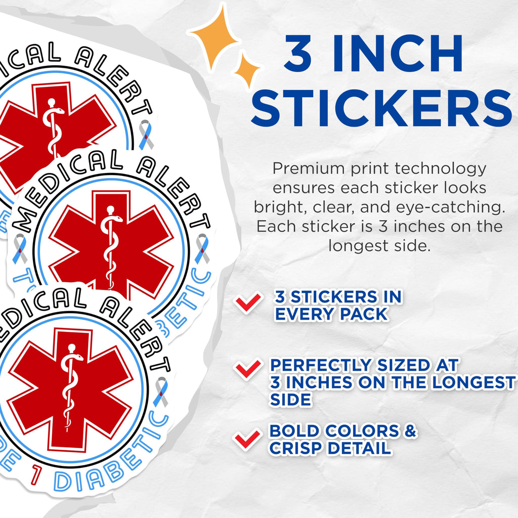 (3 Pack) Type 1 Diabetic Decals - Medical Alert - Emergency Symbol Decals- 3 Inches On Longest Side - Easy Peel & Apply - Made in USA - 3MCS5021