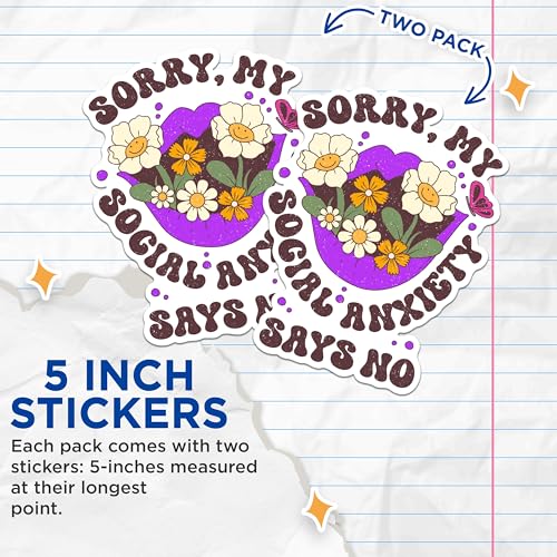 (2 Pack) Funny Sayings Stickers - Social Anxiety Stickers - Mental Health Stickers - 5" On Longest Side - Sticks to Any Smooth Flat Surface - Made in USA - BMCS3039