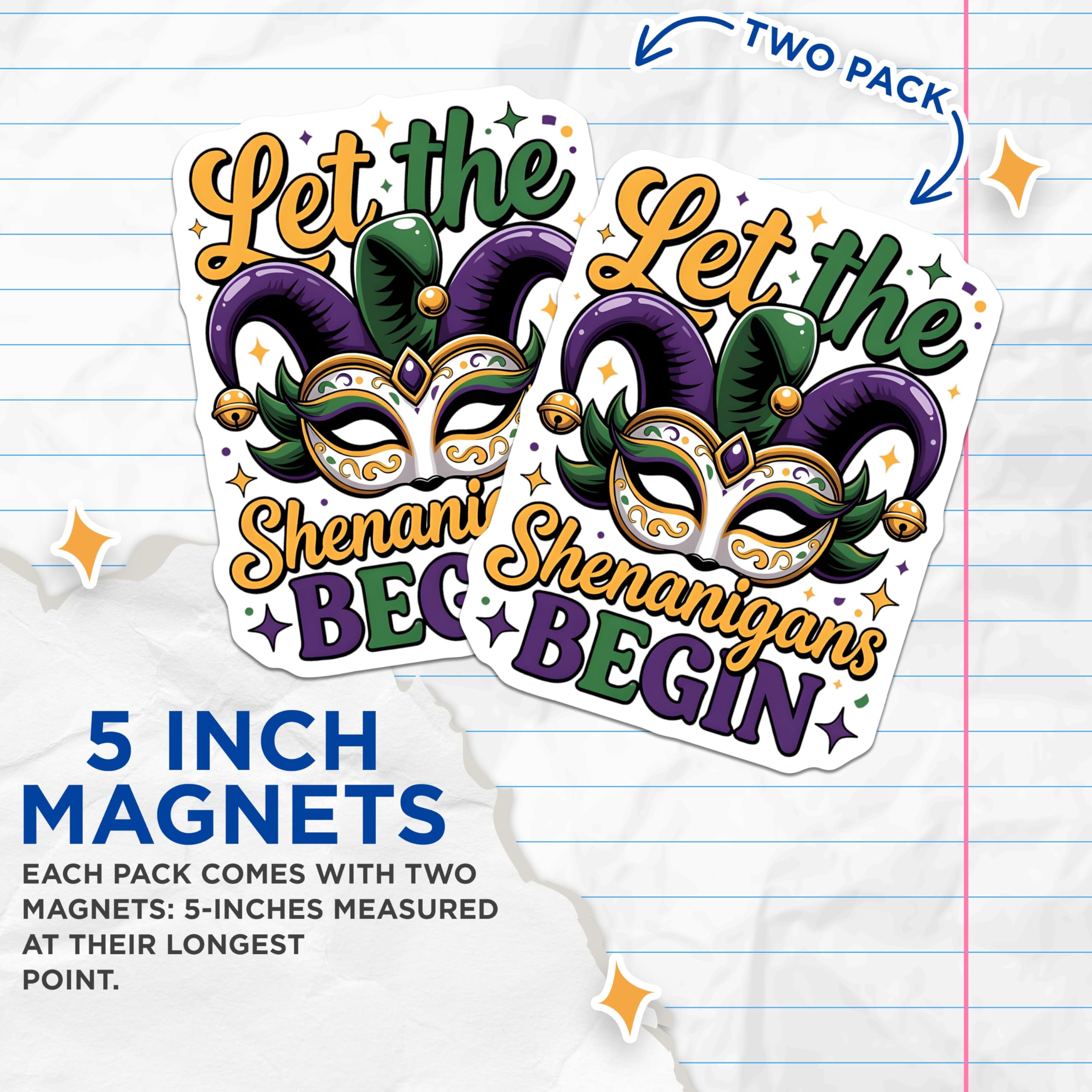 (2 Pack) Mardi Gras Magnets - Let The Shenanigans Begin - Jester Mask Decor - 5" On Longest Side - Premium Magnet - for Cars, Refrigerators, Toolboxes, Lockers - Made in USA - MAG14217