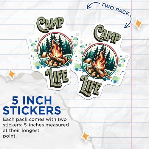 (2 Pack) Camp Life Stickers - Camping Vibes - Outdoor Adventure - 5" On Longest Side - Sticks to Smooth Flat Surfaces - Made in USA - BMCS7002