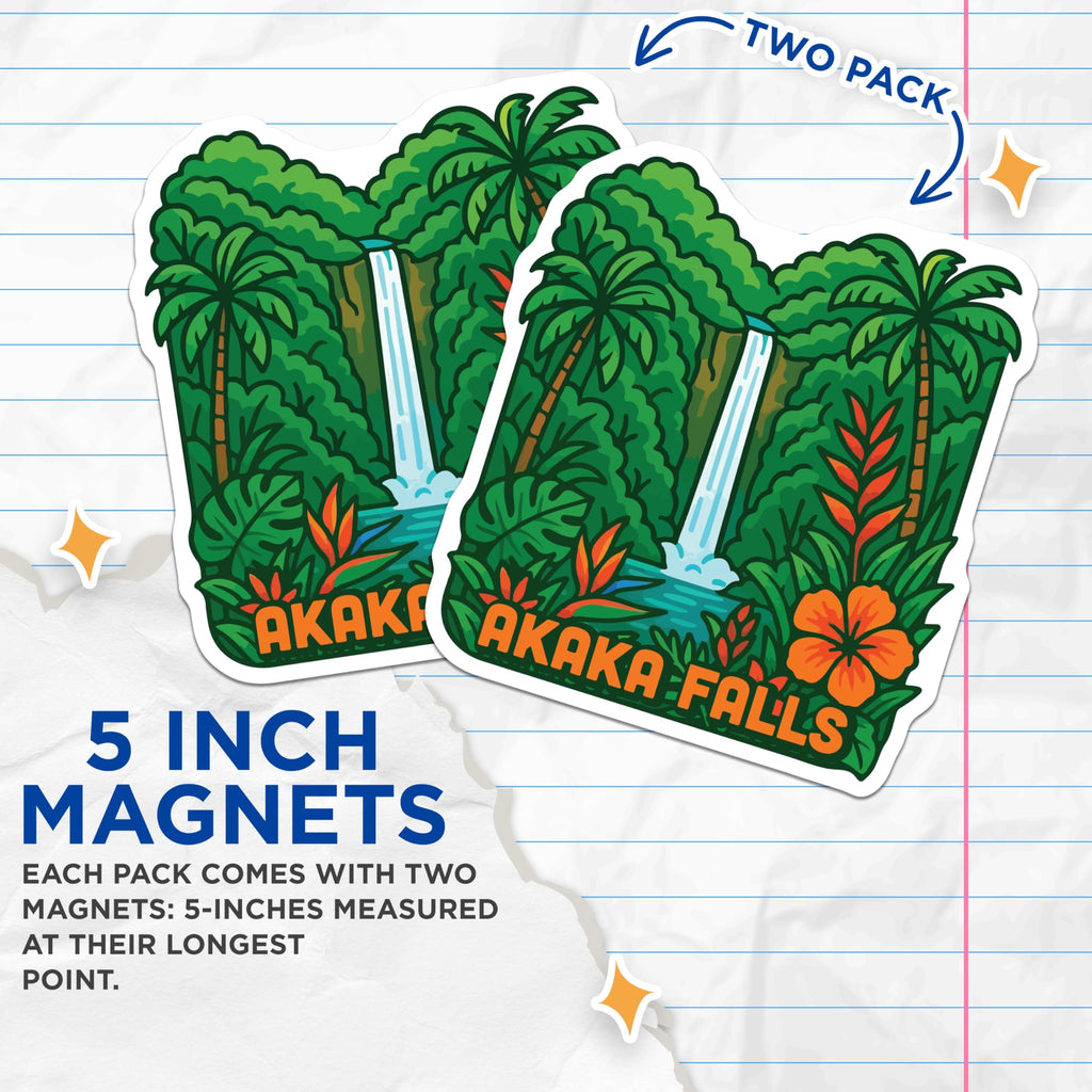 (2 Pack) Akaka Falls Magnets - Hawaii Island Travel Souvenirs - Tropical Waterfall Landscape Fridge Decor - 5 Inches On Longest Side - Thick Durable Magnet - Made in USA - MAG19991