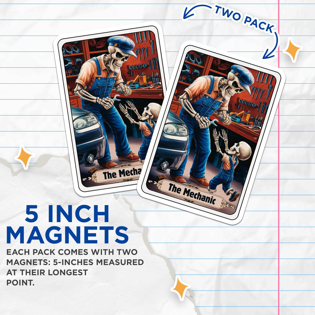 (2 Pack) The Mechanic Magnets - Skeleton Art - Workshop - Car Enthusiast - 5" On Longest Side - for Cars, Fridges, Toolboxes - Made in USA - MAG4474
