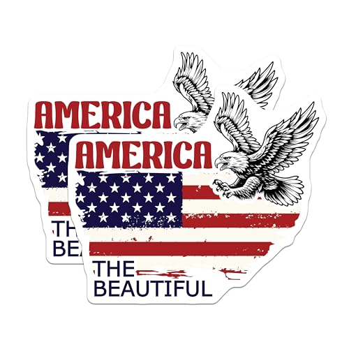 (2 Pack) America The Beautiful Stickers - Patriotic USA Eagle - American Flag Decals - 5" On Longest Side - Sticks to Smooth Flat Surfaces - Made in USA - BMCS7413