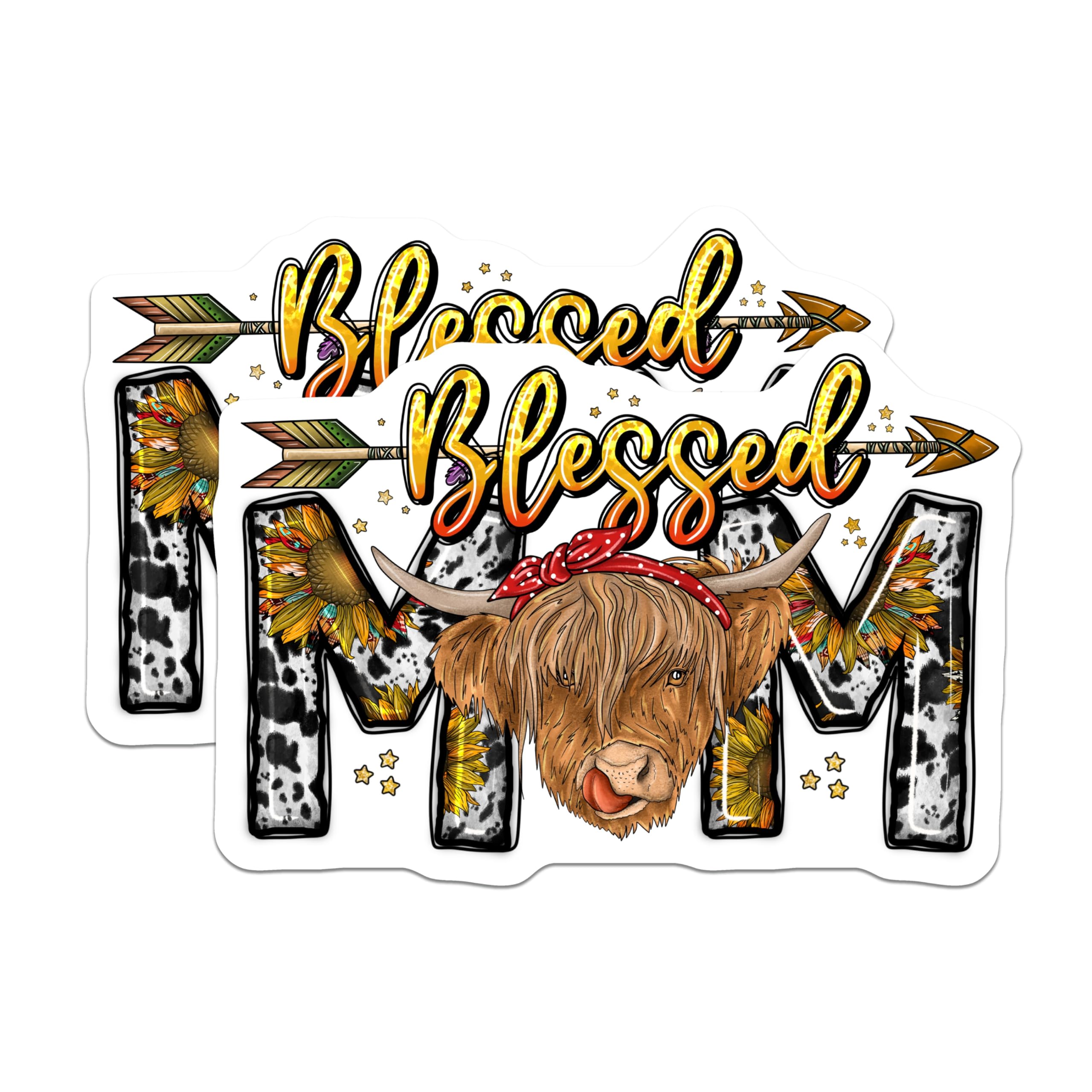(2 Pack) Blessed Mom Magnets - Highland Cow Sunflower Decor - Farmhouse Country Kitchen Refrigerator - 5 Inches On Longest Side - Thick Durable Magnet - Made in USA - MAG28391