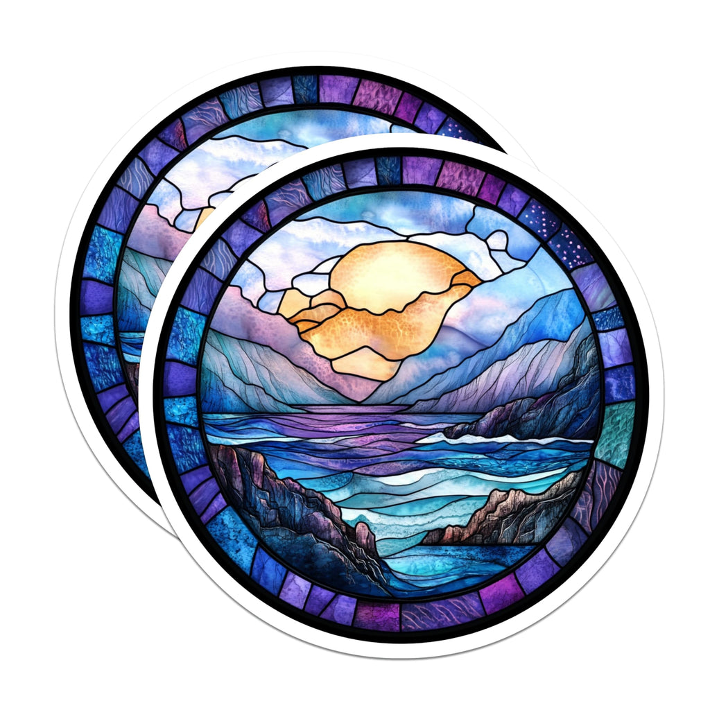 (2 Pack) Stained Glass Ocean Magnets - Sunset Landscape Scene - Vibrant Nature Refrigerator Accent - 5 Inches On Longest Side - Thick Durable Magnet - Made in USA - MAG25572