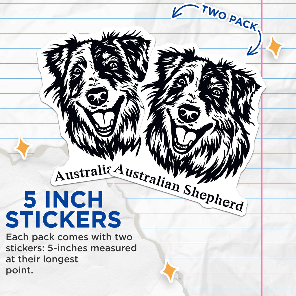 (2 Pack) Australian Shepherd Dog Stickers - Pet Lover Stickers - Animal Art Stickers - Dog Breed Stickers - 5" On Longest Side - Sticks to Smooth Flat Surfaces - Made in USA - BMCS4009