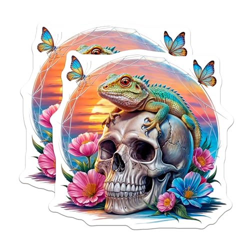 (2 Pack) Skull with Lizard Stickers - Floral Skull Stickers - Colorful Butterfly Stickers - 5" On Longest Side - Sticks to Smooth Flat Surfaces - Made in USA - BMCS4621