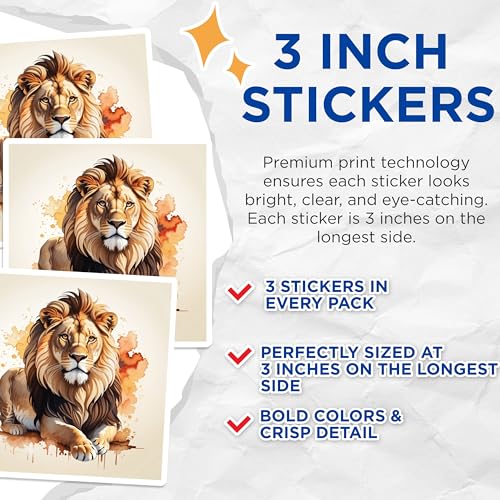 (3 Pack) Lion Decals - Animal Stickers - Laptop Decal - 3 Inches On Longest Side - Easy Peel & Apply - Made in USA - 3MCS7456